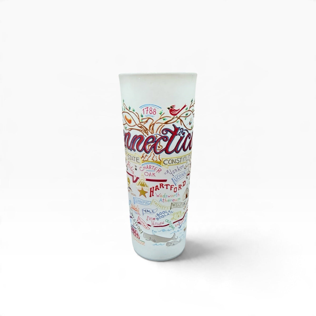 Mellow Monkey 2-oz frosted glass shot glass featuring colorful hand-drawn Connecticut state map and landmarks.