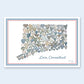 Mellow Monkey Connecticut postcard featuring heart-shaped stones arranged in the shape of the state. Text reads 'Love, Connecticut'.