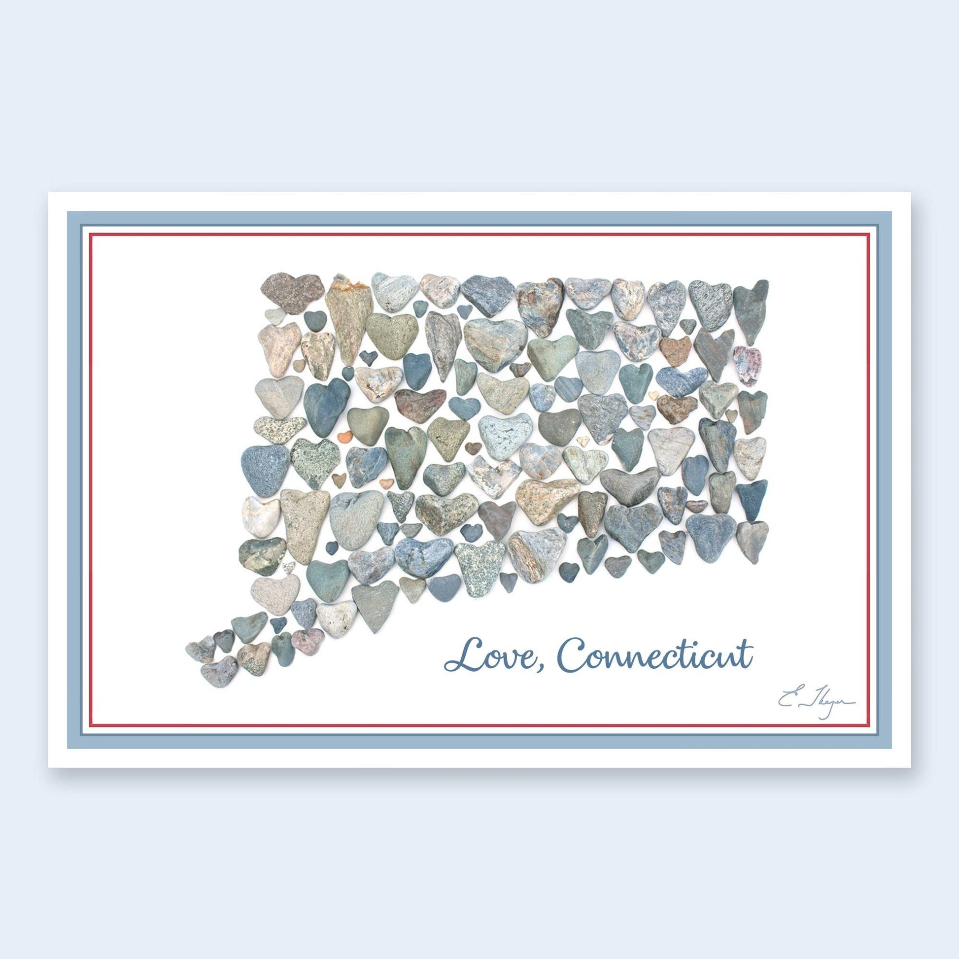 Mellow Monkey Connecticut postcard featuring heart-shaped stones arranged in the shape of the state. Text reads 'Love, Connecticut'.