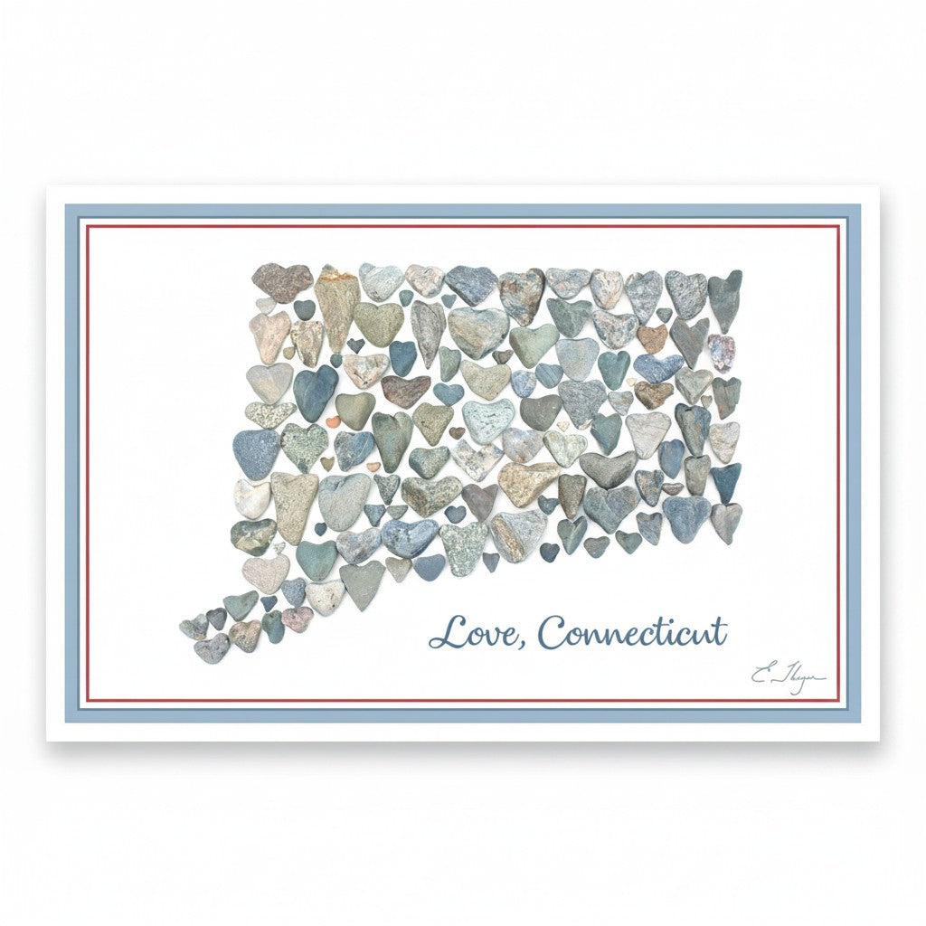 Mellow Monkey Connecticut postcard featuring a map of the state made of heart-shaped stones in various grey and blue tones.