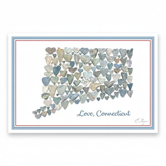Mellow Monkey Connecticut postcard featuring a map of the state made of heart-shaped stones in various grey and blue tones.