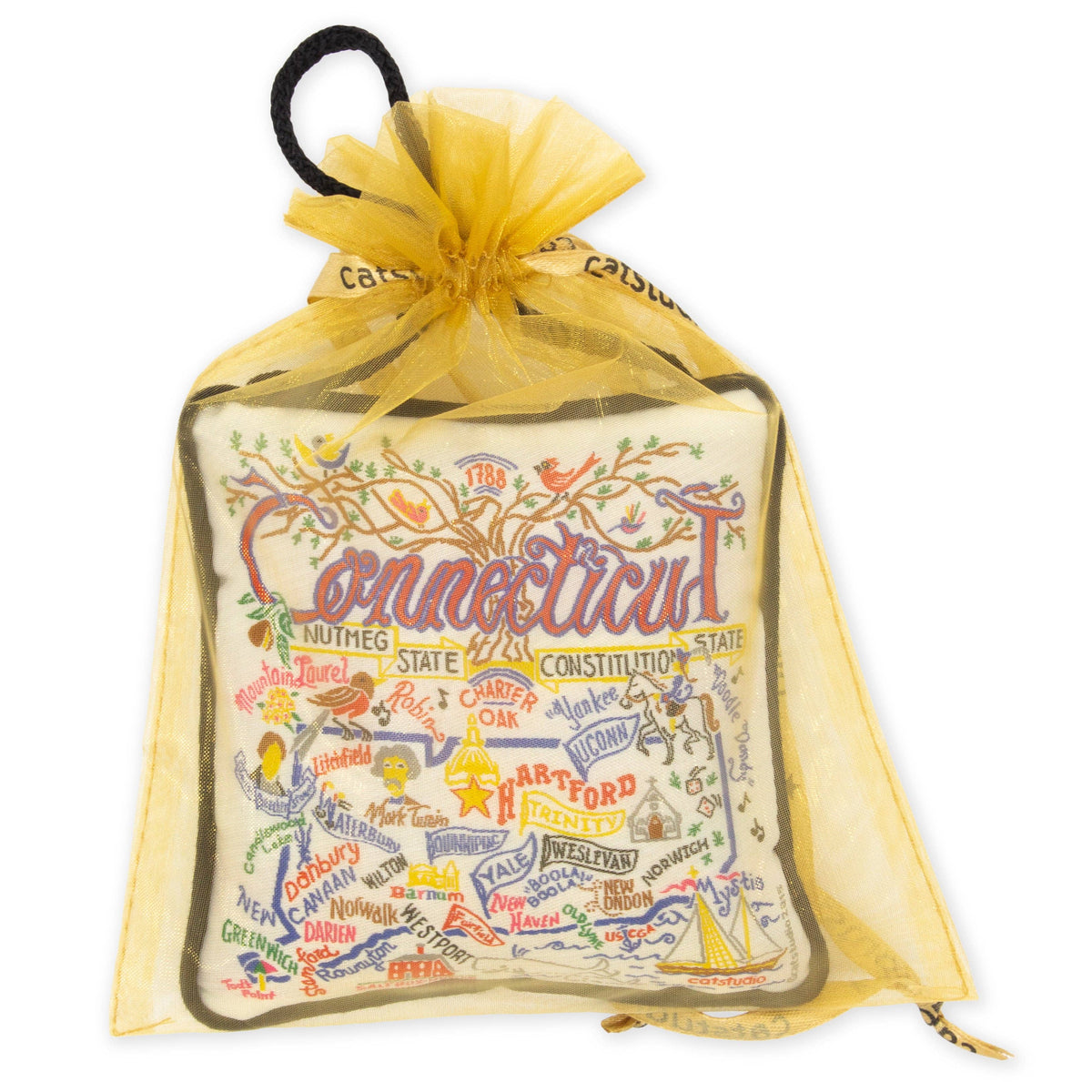 Mellow Monkey Connecticut mini pillow ornament featuring hand-embroidered state landmarks inside a gold organza bag.