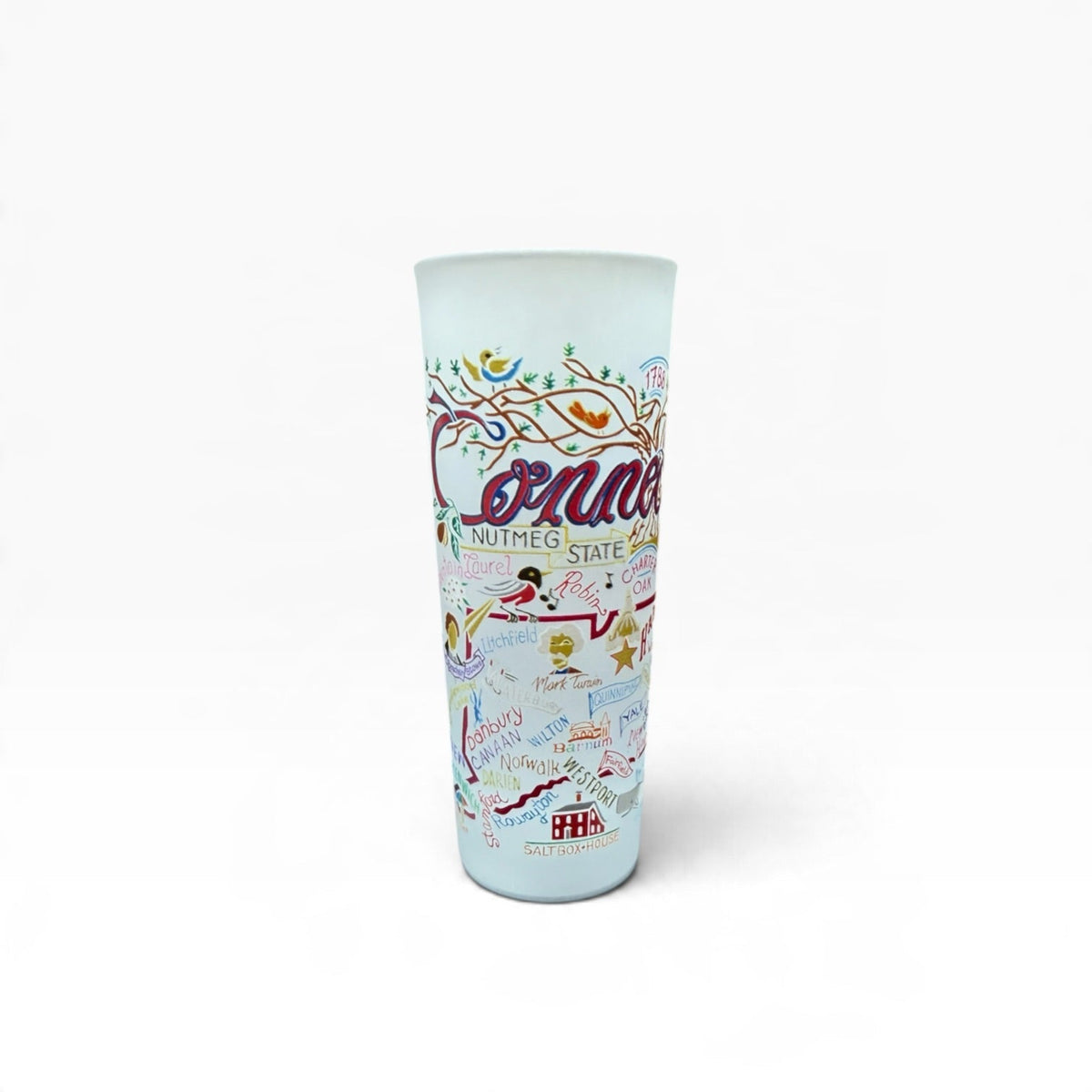 Mellow Monkey Catstudio Connecticut 2-oz frosted glass shot glass featuring colorful state map and landmark graphics