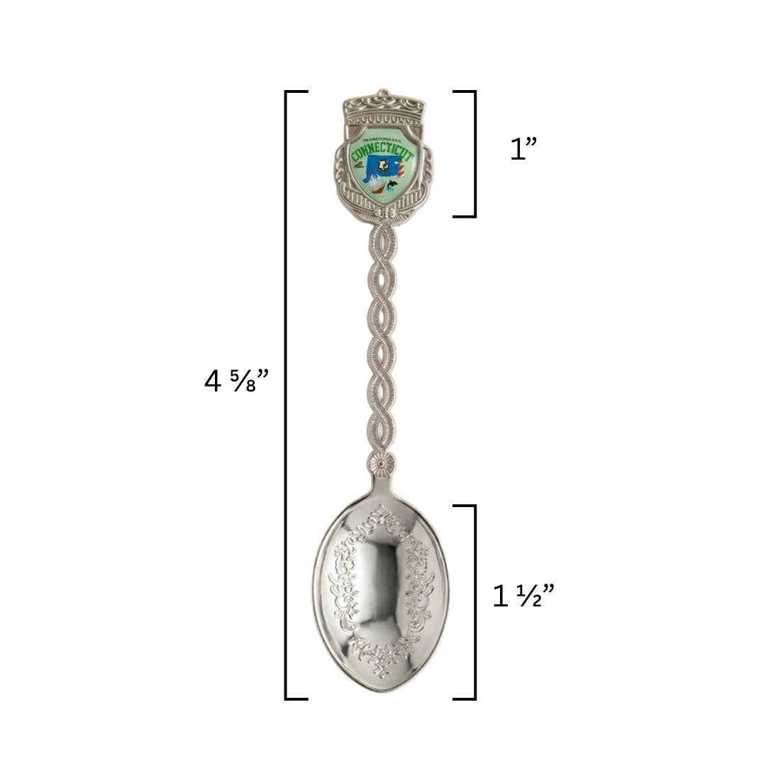 Mellow Monkey Connecticut jumbo souvenir spoon with a braided handle, shield emblem, and floral engraved bowl.