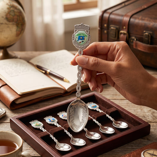 Mellow Monkey Connecticut jumbo souvenir spoon with a shield emblem and braided handle held over a display box