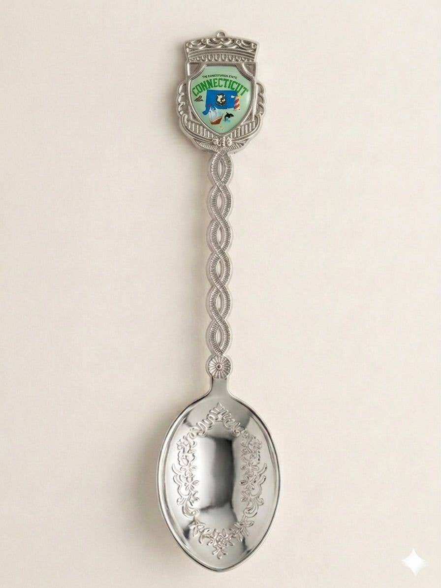 Mellow Monkey Connecticut jumbo souvenir spoon in polished silver tone with a braided handle and floral bowl engraving