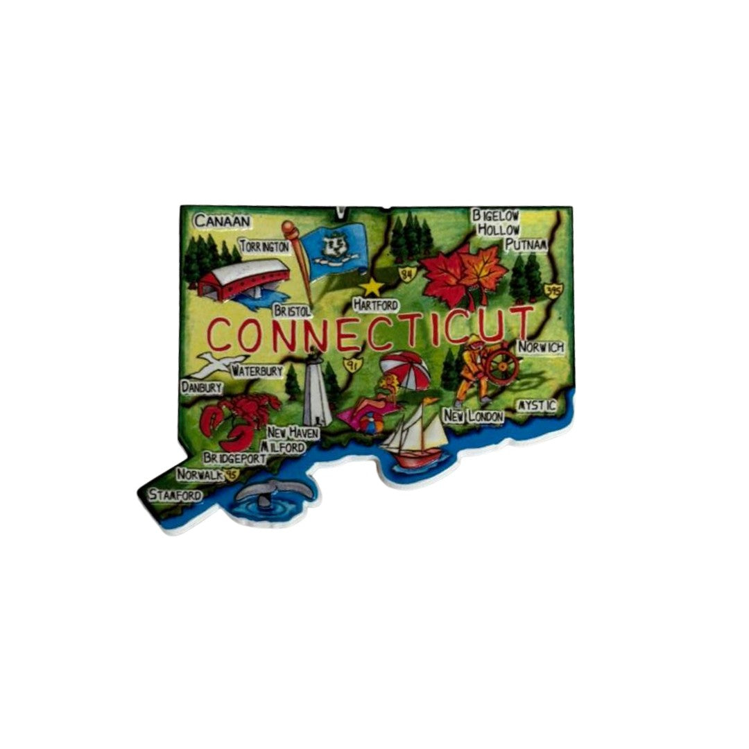 Mellow Monkey Connecticut state-shaped flexible souvenir magnet with colorful 3D illustrations of landmarks and cities