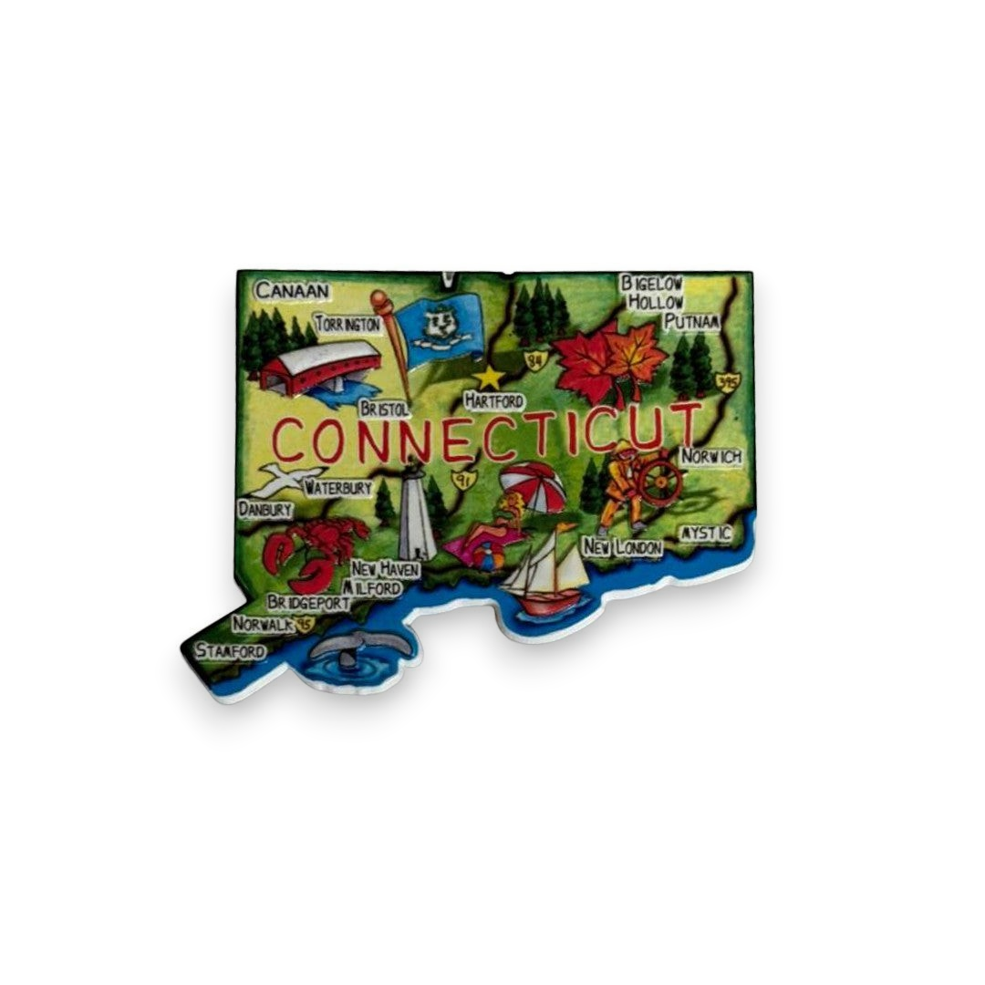 Mellow Monkey Connecticut state-shaped flexible souvenir magnet with colorful 3D illustrations of landmarks and cities