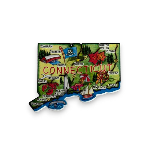 Mellow Monkey Connecticut state-shaped flexible souvenir magnet with colorful 3D illustrations of landmarks and cities