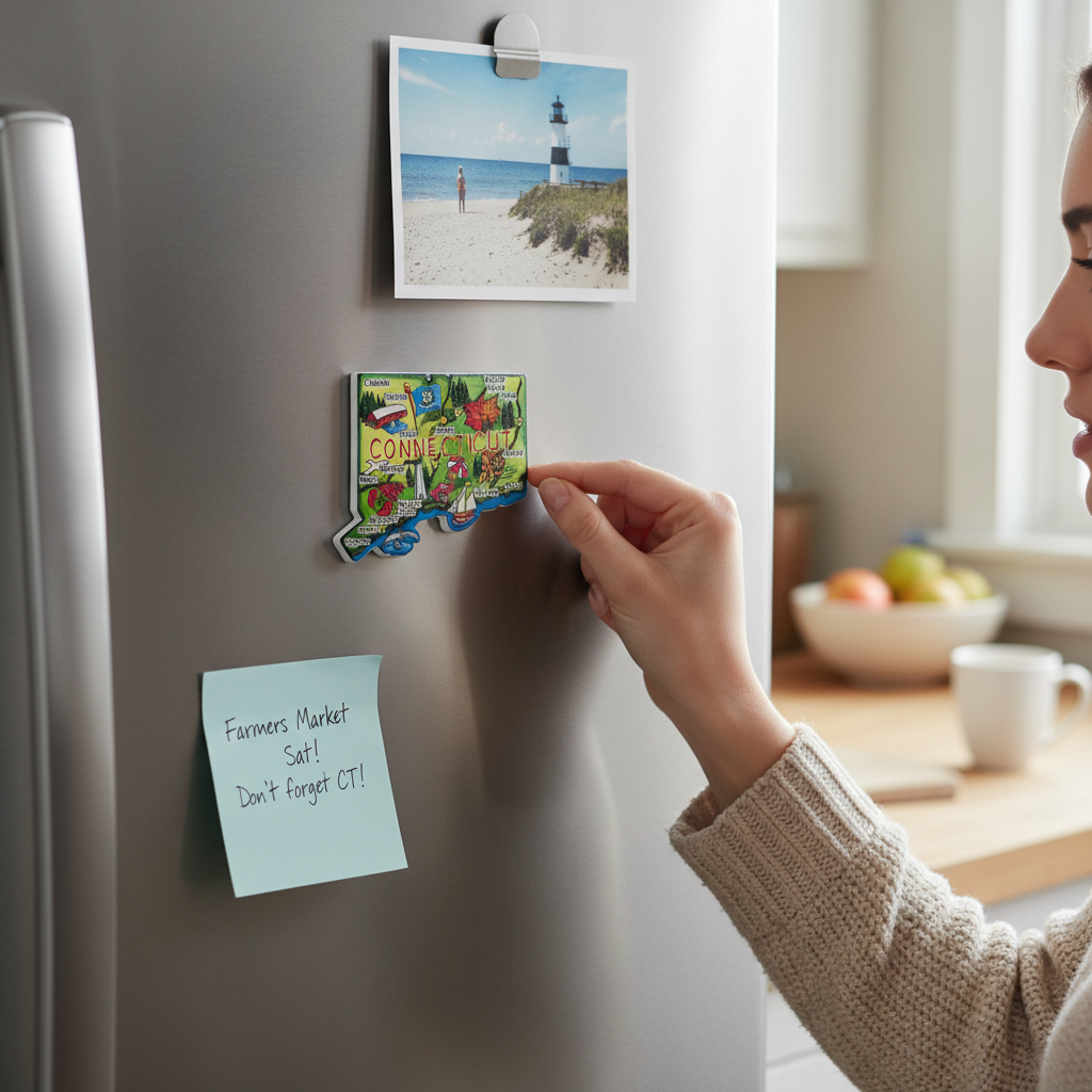 Mellow Monkey flexible Connecticut state-shaped souvenir magnet with colorful landmark illustrations on a refrigerator
