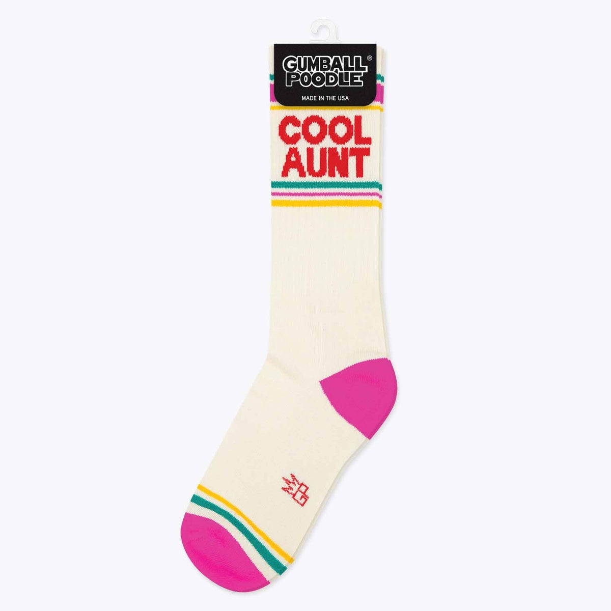 Mellow Monkey Cool Aunt gym crew socks in cream with pink heel and toe, featuring colorful stripes and text.