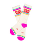 Mellow Monkey Cool Aunt cream gym crew socks with pink toes, heels, and retro red, teal, and yellow striped cuffs.