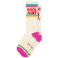 Mellow Monkey Cool Aunt gym crew socks in cream with pink heels, toes, and colorful striped cuffs.