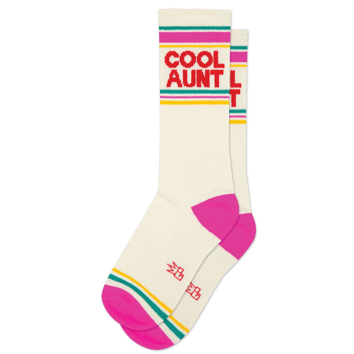 Mellow Monkey Cool Aunt gym crew socks in cream with pink heels, toes, and colorful striped cuffs.