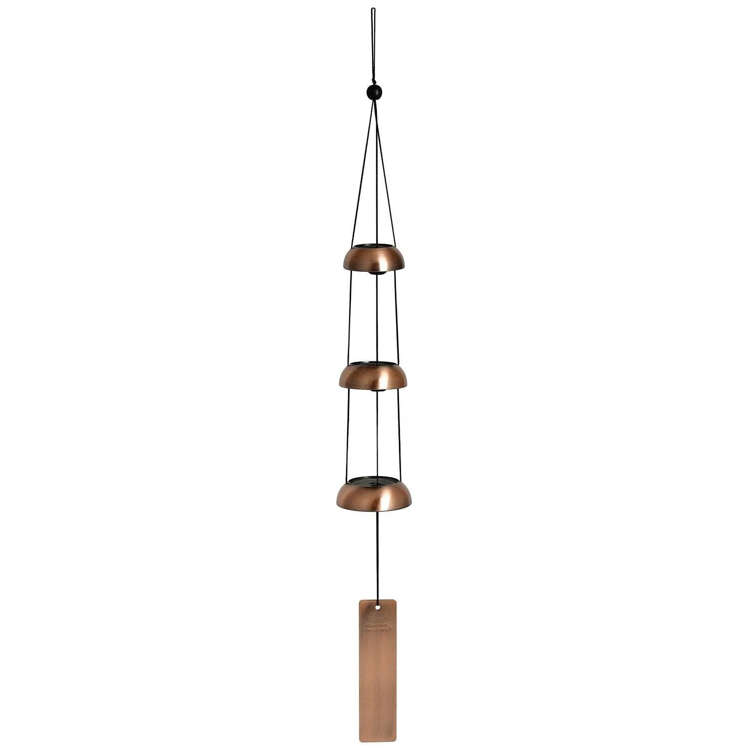Mellow Monkey copper-toned tiered wind chime with three metallic bells and a rectangular wind catcher on black cords.