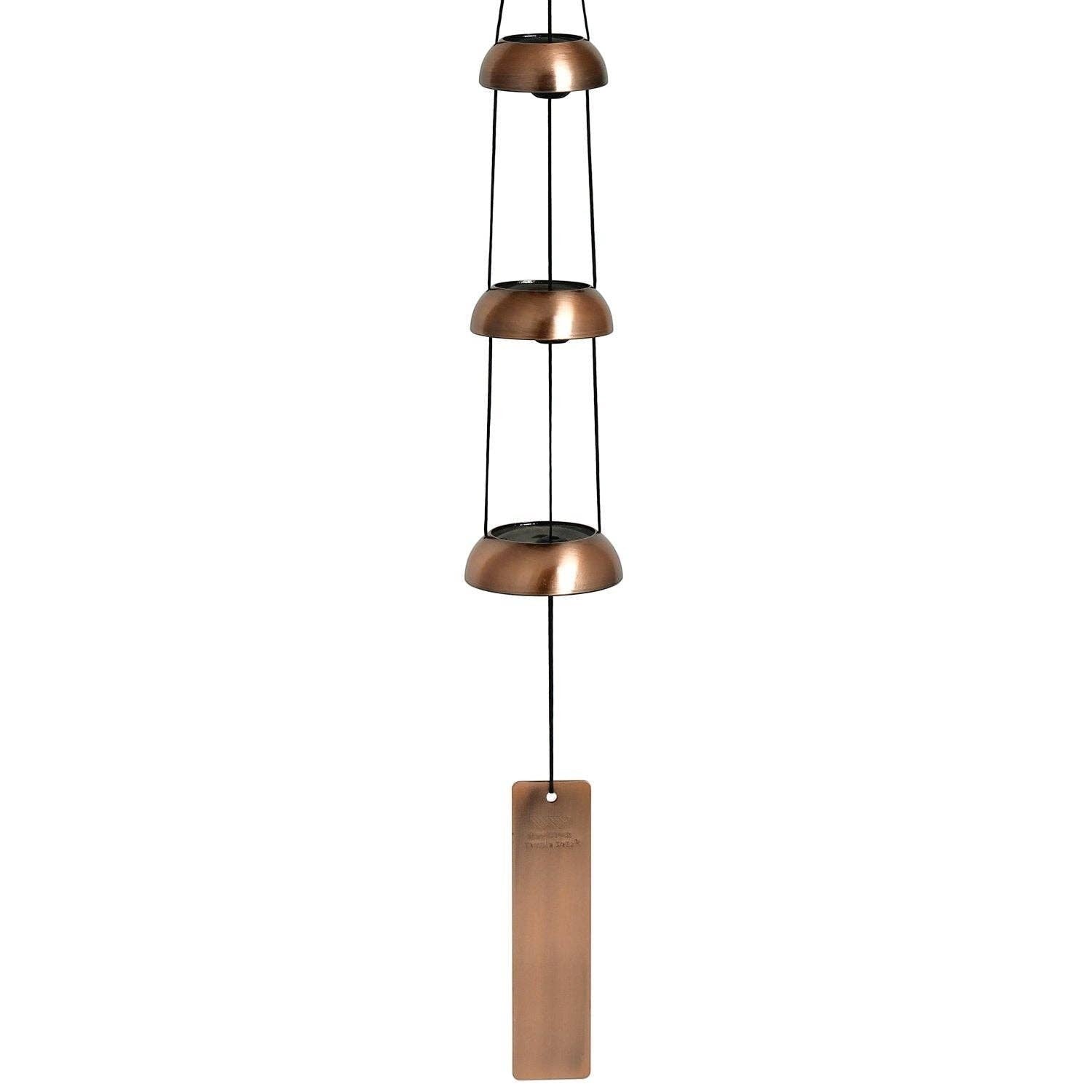 Mellow Monkey tiered copper-toned wind chime with three metallic bells and a rectangular wind catcher for garden decor.