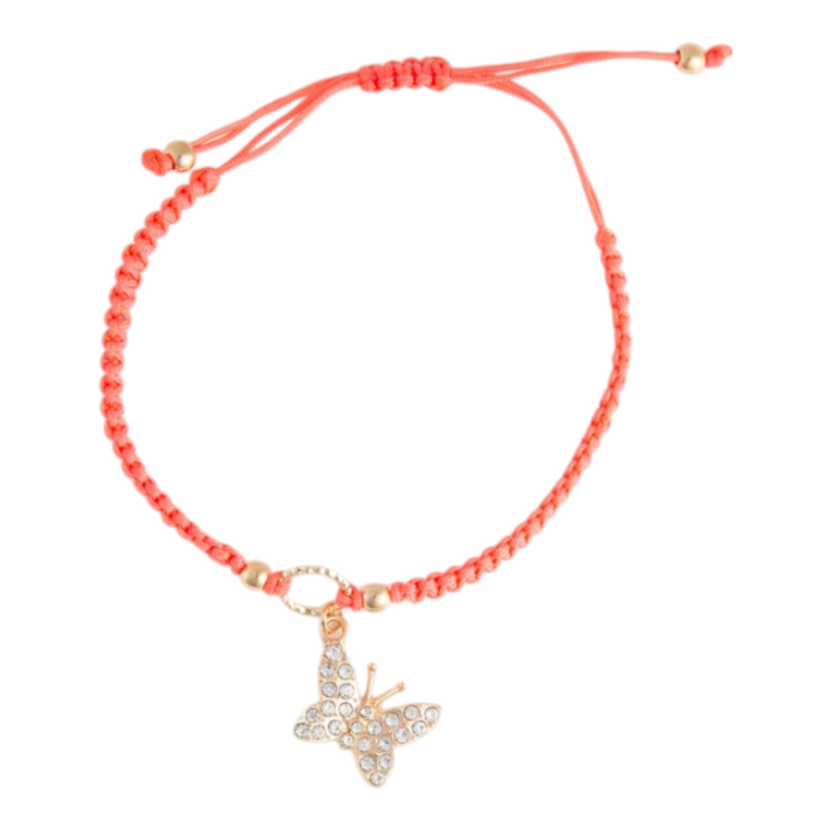 Mellow Monkey Kitt adjustable bracelet featuring a coral braided band and a sparkling crystal butterfly charm