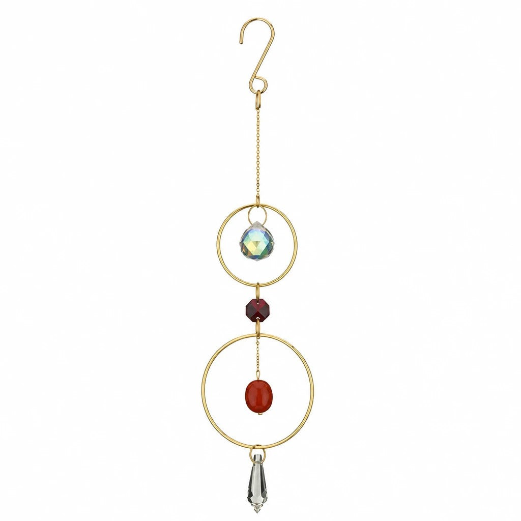 Mellow Monkey coral and crystal suncatcher ornament featuring semi-precious stones suspended in bronze rings.