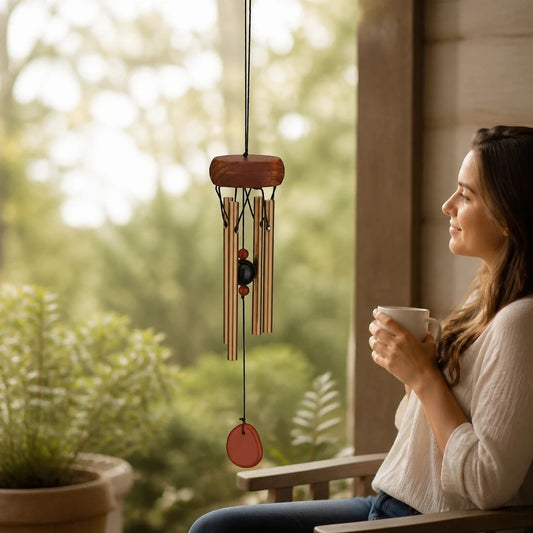 Mellow Monkey mini healing chime with wooden canopy, aluminum tubes, and coral stone hanging on a porch.