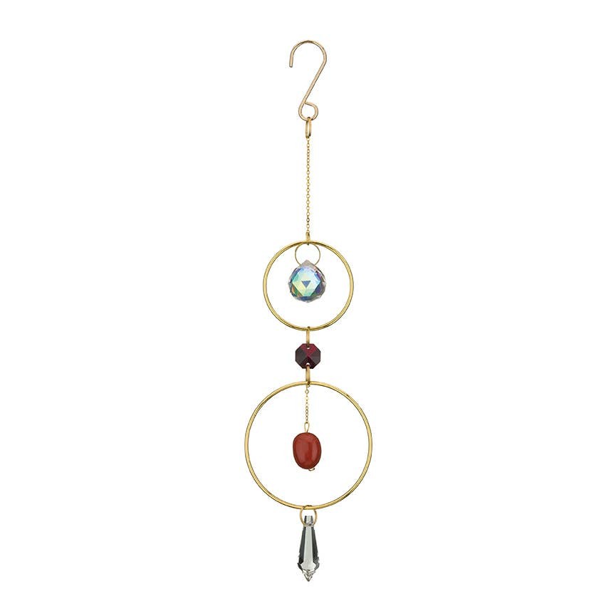 Mellow Monkey coral healing ornament suncatcher with semi-precious stones and crystals suspended in bronze rings.