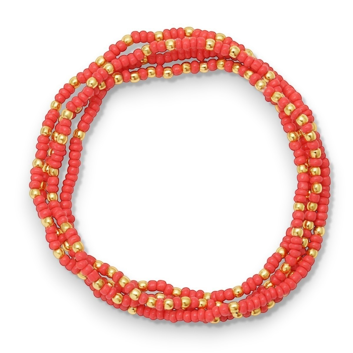 Mellow Monkey coral seed bead stretch bracelet with 18K gold plated brass accents for a layered stackable look.