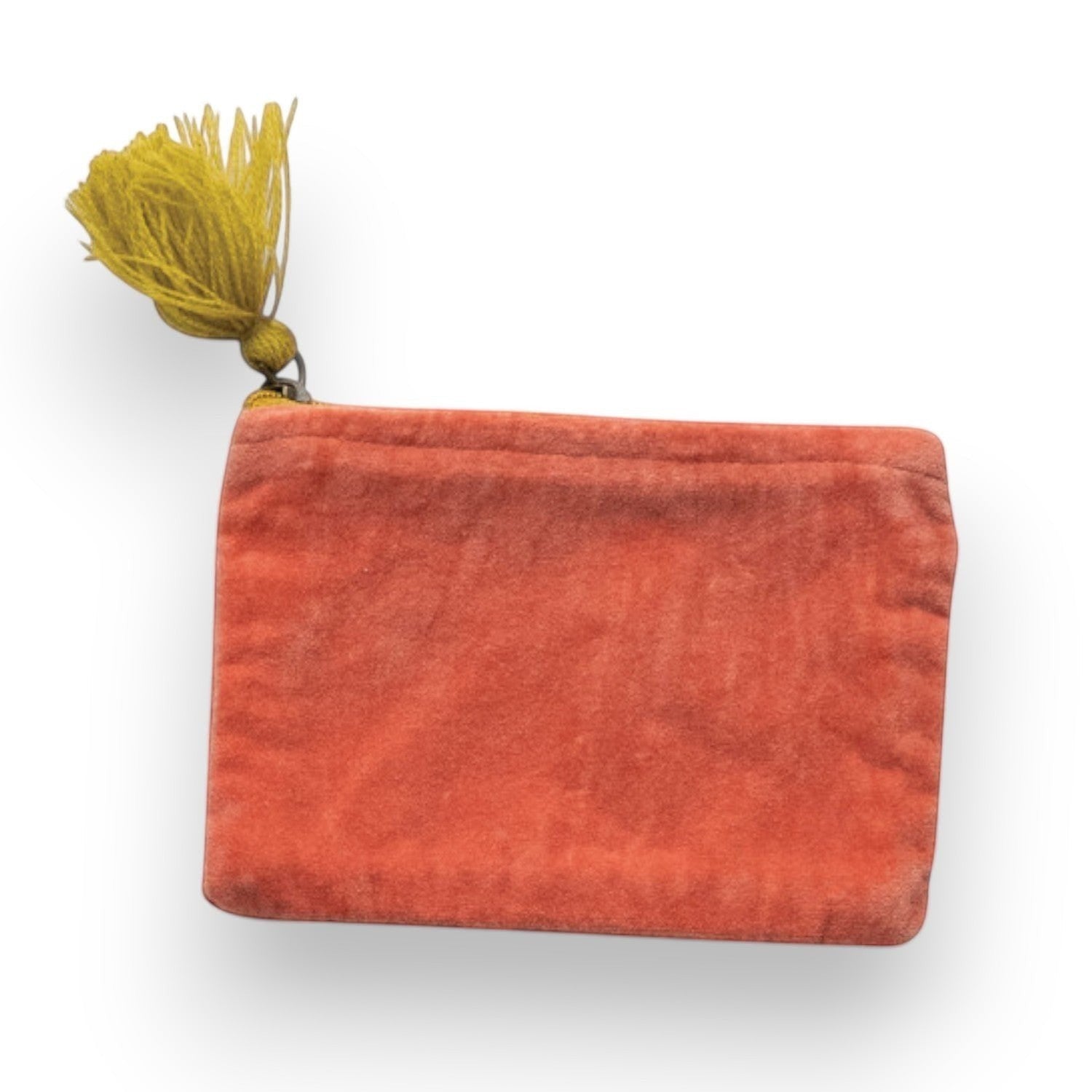 Mellow Monkey coral quilted cotton velvet zip pouch with yellow tassel detail, 4"L x 6"H.