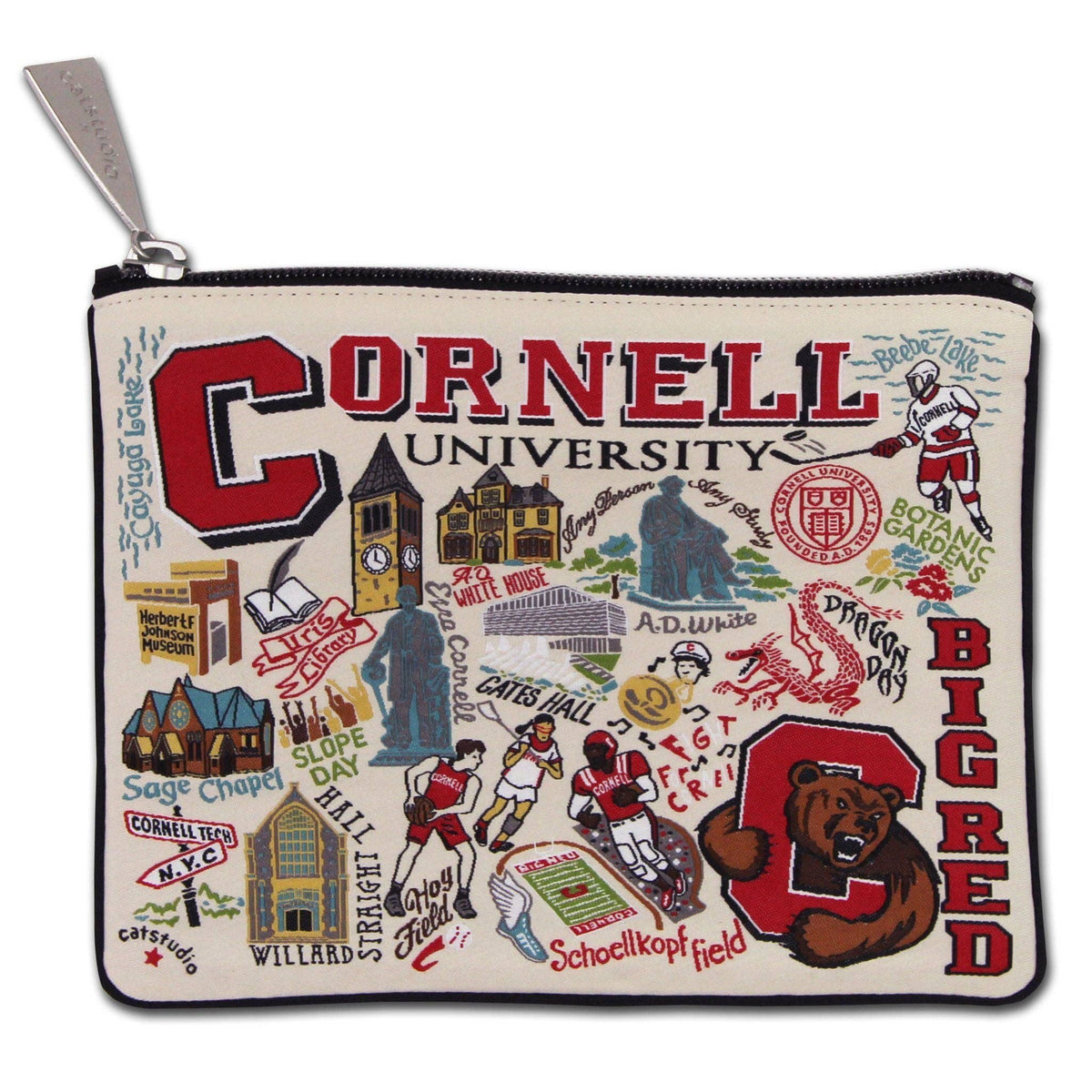 Mellow Monkey Cornell University zip pouch featuring colorful woven illustrations of campus landmarks and Big Red mascot