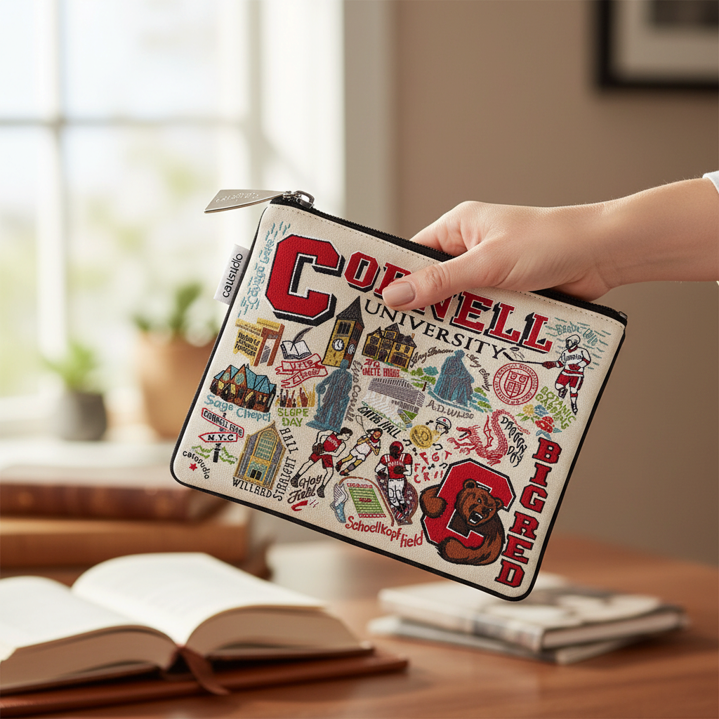 Mellow Monkey Cornell University woven zip pouch featuring colorful campus illustrations on durable polyester fabric.