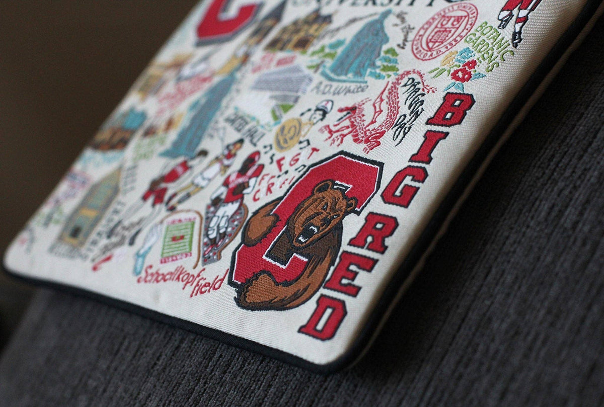 Mellow Monkey Cornell University zip pouch featuring woven Big Red bear and campus illustrations on durable polyester