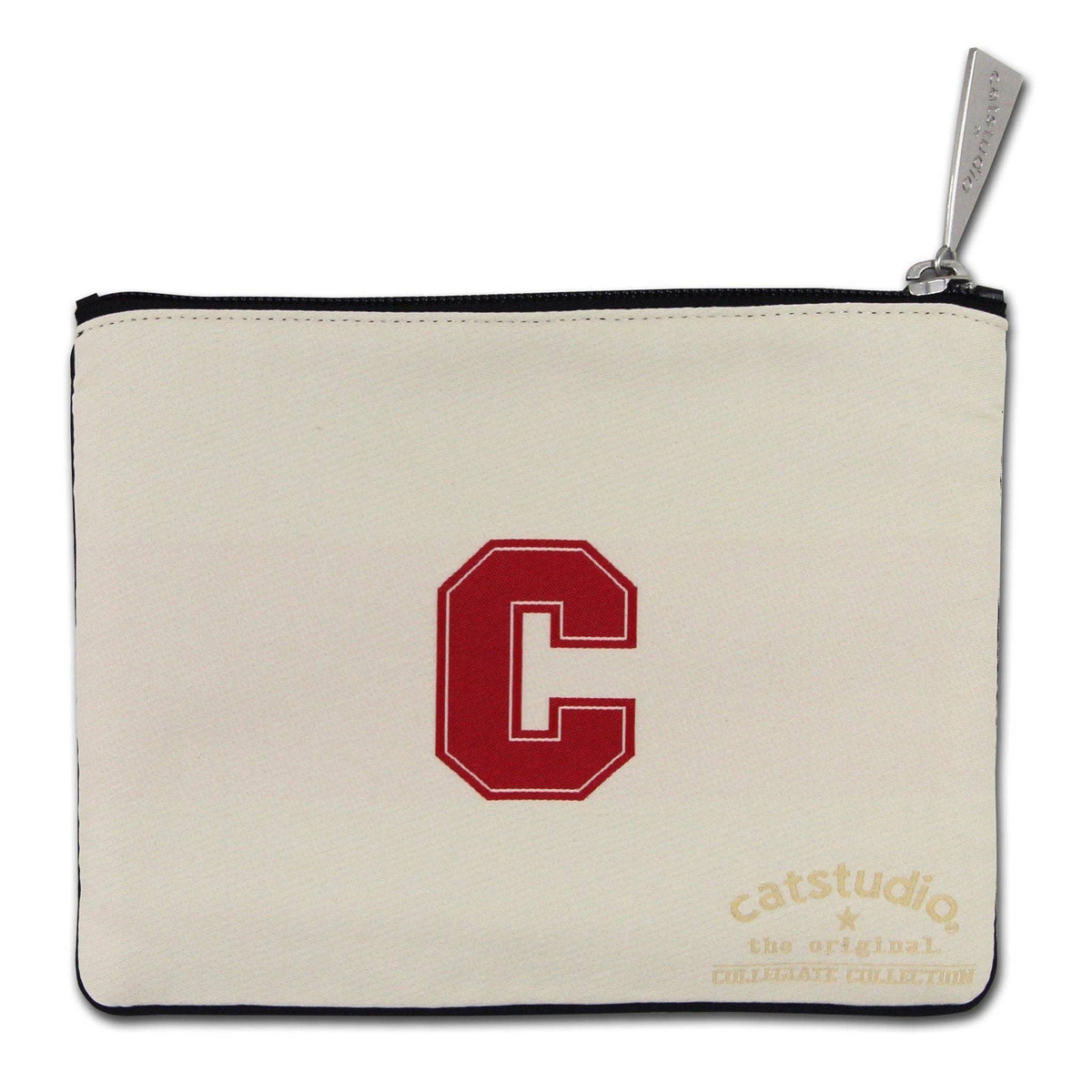 Mellow Monkey Cornell University woven zip pouch in cream polyester with a red collegiate C logo and custom zipper pull