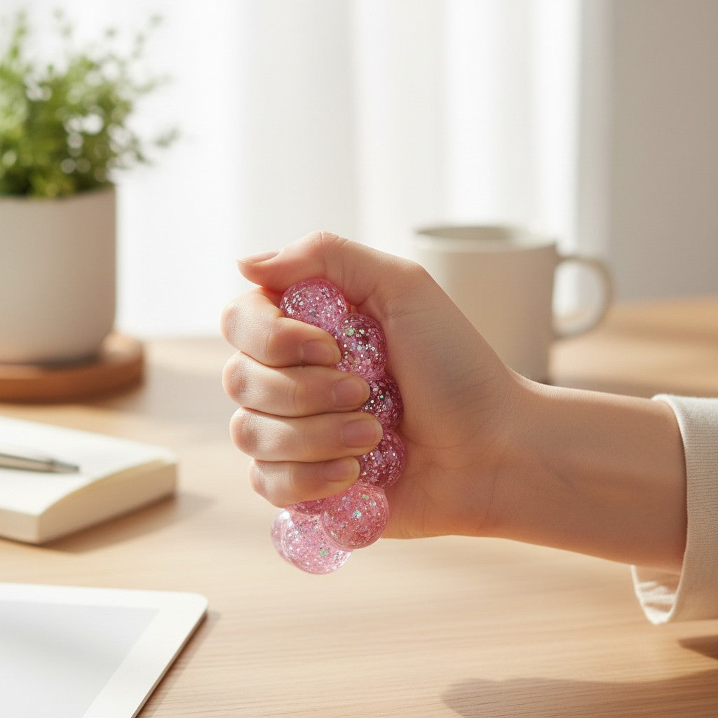 Mellow Monkey Cotton Candy Sparkle Feelzies sensory bracelet being squeezed in a hand for stress relief