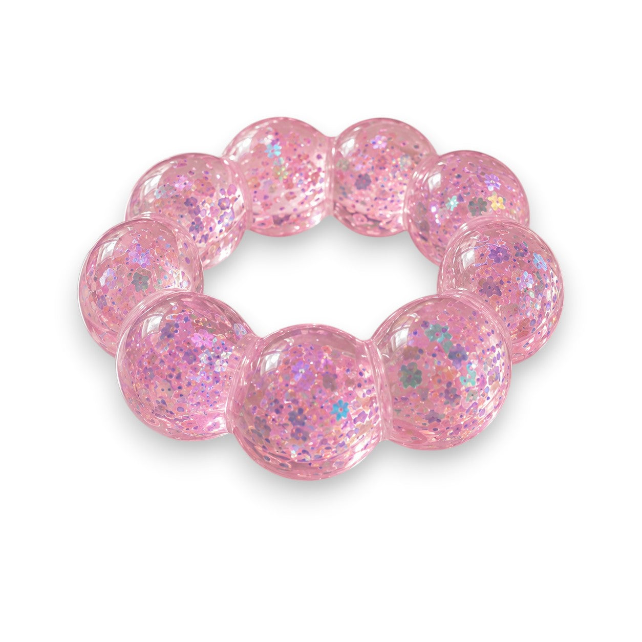 Mellow Monkey Cotton Candy Sparkle Feelzies sensory bracelet with pink glittery bubbles on a marble surface.
