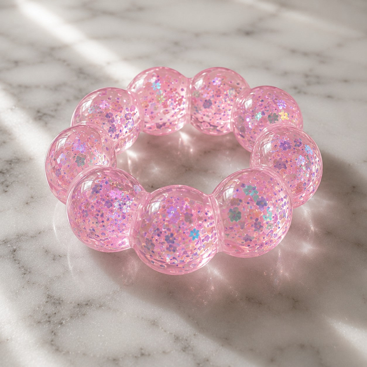 Mellow Monkey Cotton Candy Sparkle Feelzies sensory bracelet with pink glittery bubbles on a marble surface.