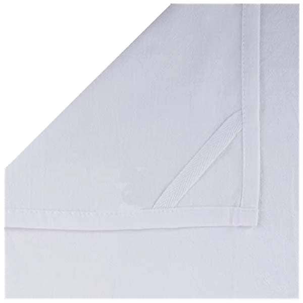 Mellow Monkey white cotton flour sack towel corner detail with a convenient hanging loop for kitchen use
