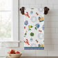 Mellow Monkey 100% cotton tea towel with a white background and a pattern of lobsters, lemons, hydrangeas, strawberries, ginger jars, and tote bags. Features a blue gingham border.