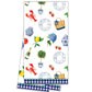 Mellow Monkey 100% cotton tea towel with a charming watercolor pattern of lobsters, lemons, hydrangeas, strawberries, ginger jars, and plates.