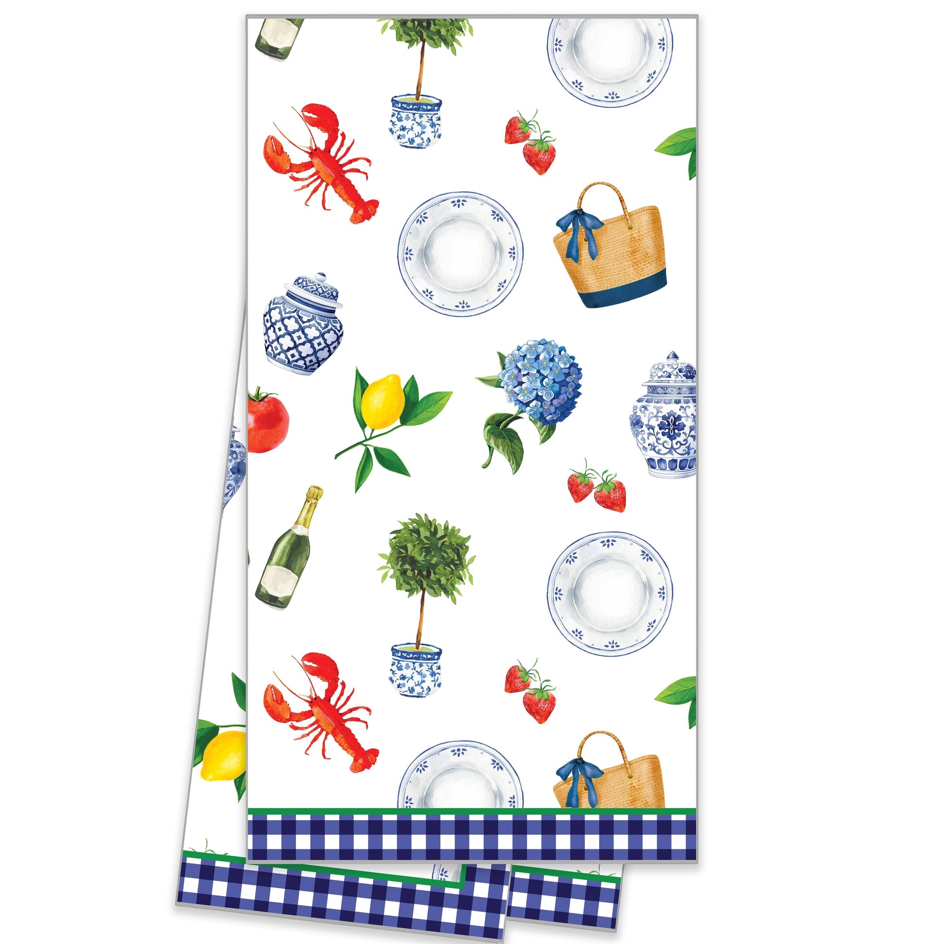 Mellow Monkey 100% cotton tea towel with a charming watercolor pattern of lobsters, lemons, hydrangeas, strawberries, ginger jars, and plates.