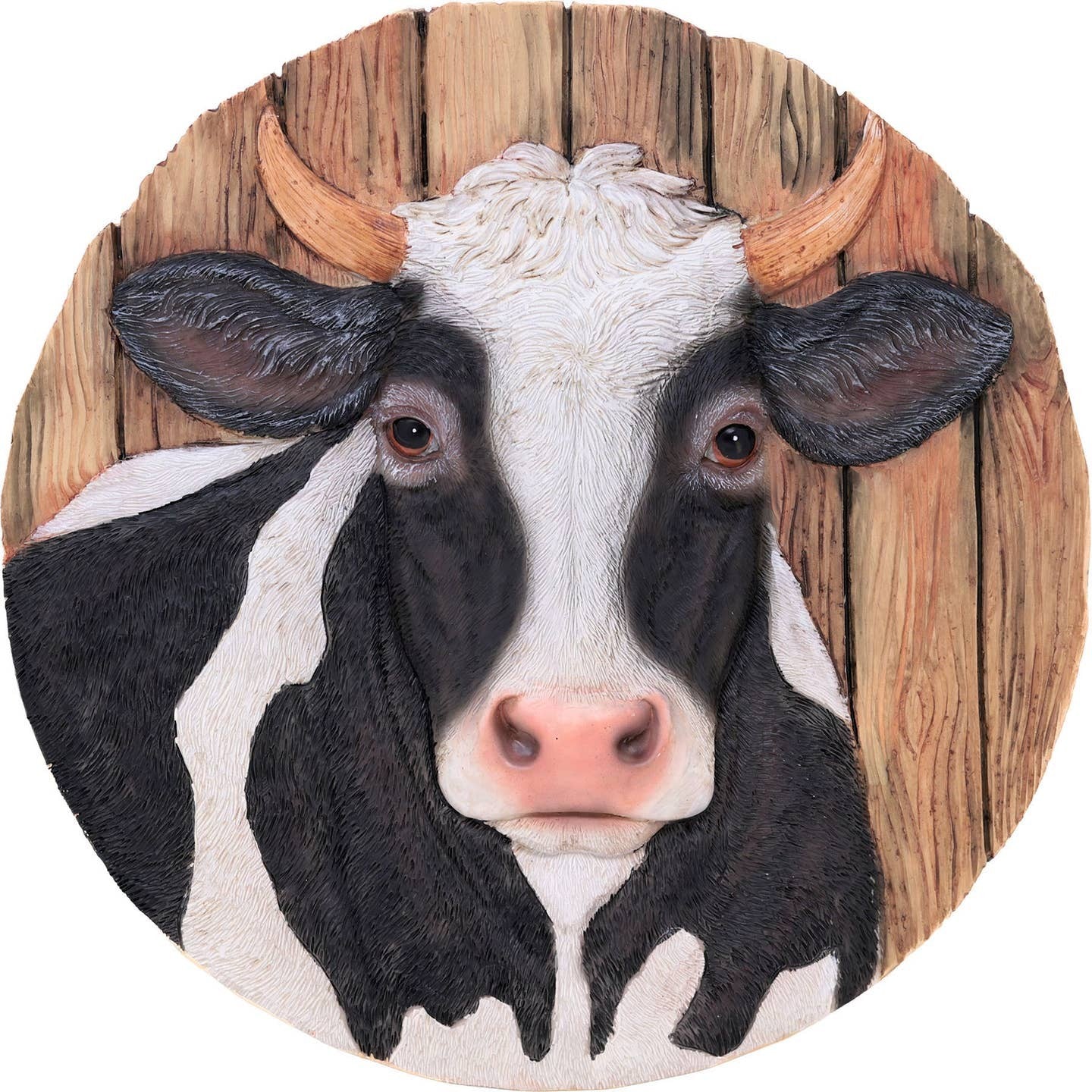 Mellow Monkey round cow wall plaque and stepping stone made of durable weather-resistant resin with wood grain detail