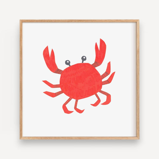 Mellow Monkey red crab art print in a light wood frame with plexiglass. Features original artwork by Kim Dettmer.