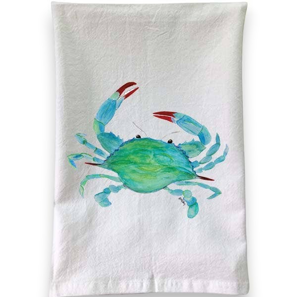 Mellow Monkey white cotton flour sack towel featuring a vibrant watercolor illustration of a blue crab.