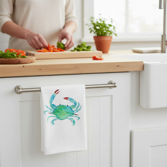 Mellow Monkey white cotton flour sack towel featuring a blue crab illustration hanging on a kitchen cabinet handle