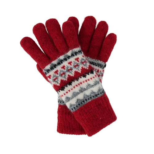 Mellow Monkey cranberry red sweater knit gloves with a classic Fair Isle pattern and soft fleece lining.
