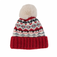 Mellow Monkey Aspen Fair Isle pom beanie in cranberry red with a plush faux fur pom-pom and fleece lining.