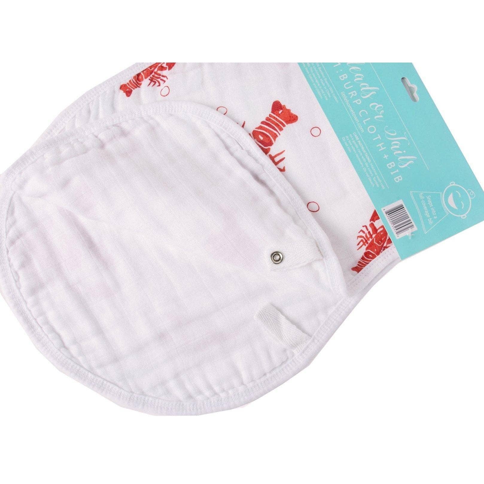 Mellow Monkey 2-in-1 baby burp cloth and bib featuring a red crawfish and lobster print on soft white muslin fabric.