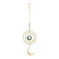 Mellow Monkey celestial crescent moon suncatcher with gold rings, metallic chains, and a faceted crystal prism.