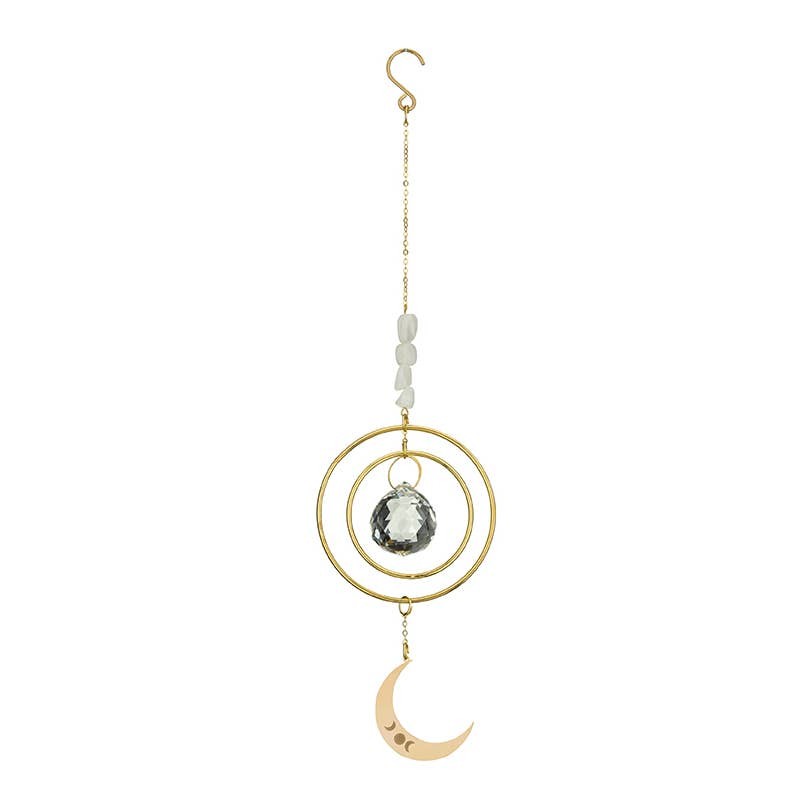 Mellow Monkey celestial crescent moon suncatcher with gold rings, metallic chains, and a faceted crystal prism.