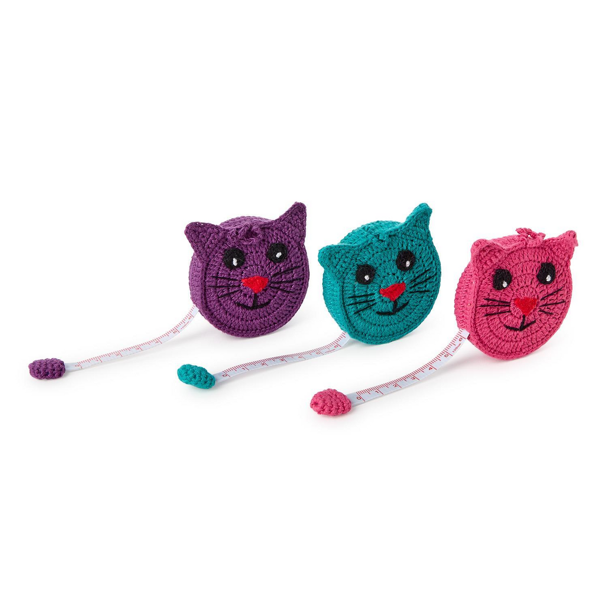 Mellow Monkey hand-crocheted kitty cat measuring tapes in purple, blue, and pink with 60-inch retractable tape.