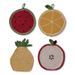 Mellow Monkey 4-piece set of colorful hand-crocheted cotton pot holders in watermelon, orange, pineapple, and apple.