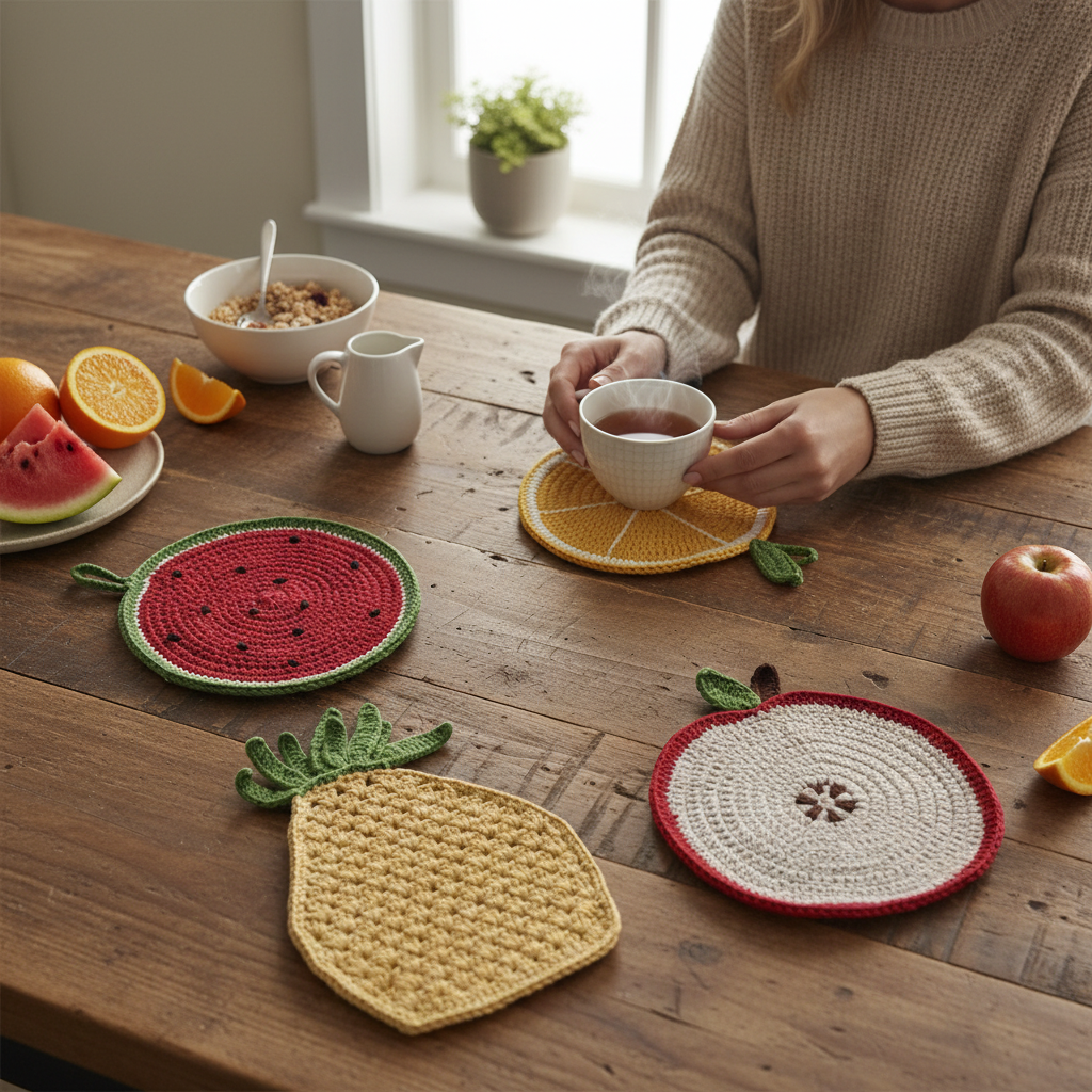 Mellow Monkey fruit shaped cotton crocheted pot holders on a wooden kitchen table with a person holding a tea cup