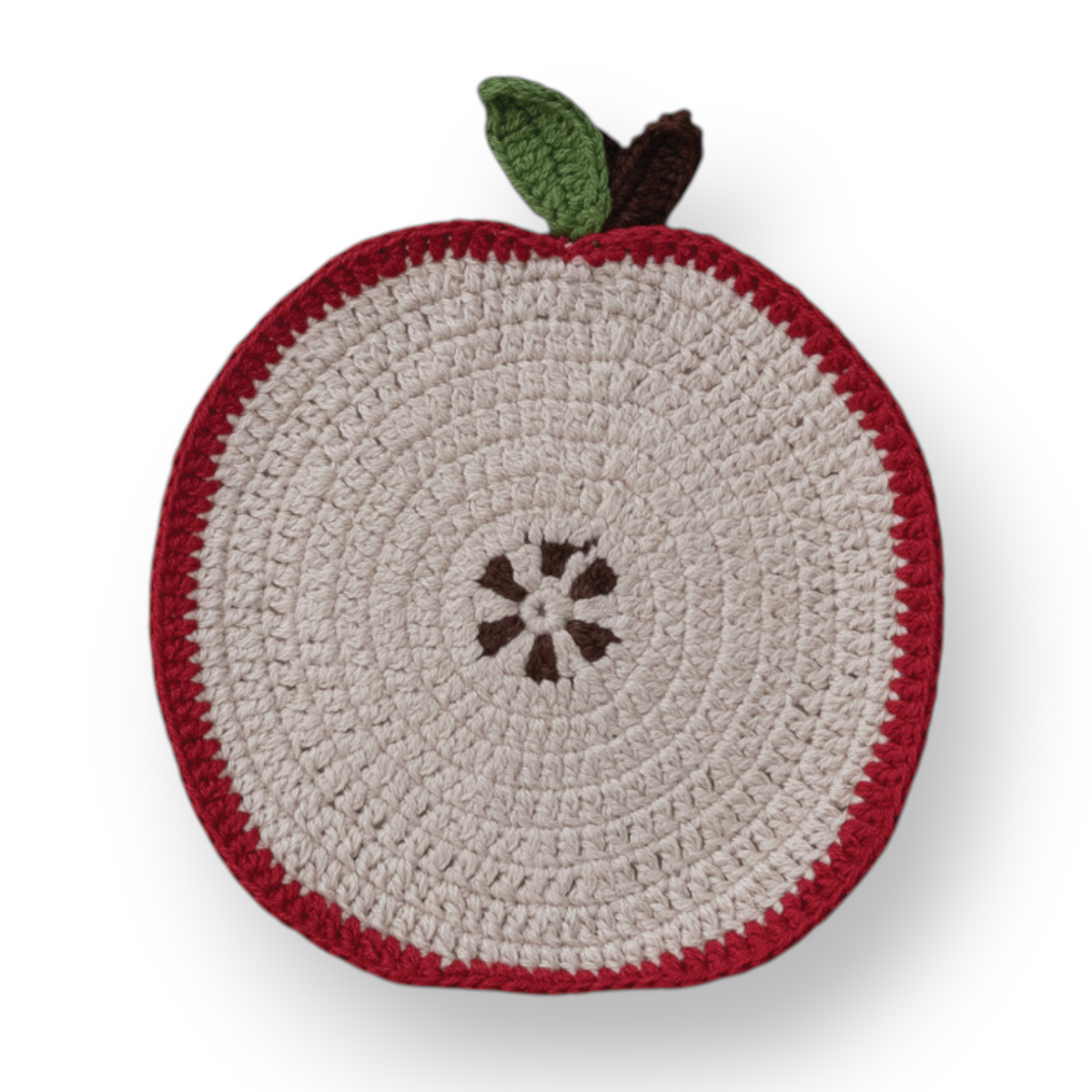 Mellow Monkey set of four multicolor cotton crocheted fruit pot holders including watermelon, orange, and apple.